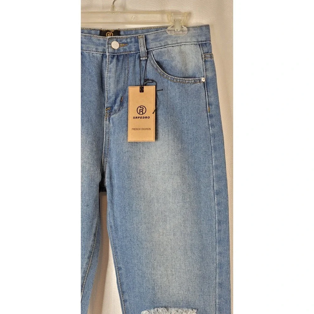 SRPEDRO Women's High Waist Distressed Cut Out Denim Jeans Mid-Wash Sz 9 / 10 - Picture 2 of 9